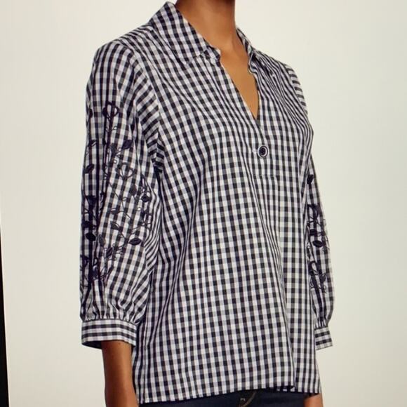 E Karl Lagerfeld Blue White Gingham Plaid Cottage Embroidered Top Shirt NWT S - Picture 8 of 9